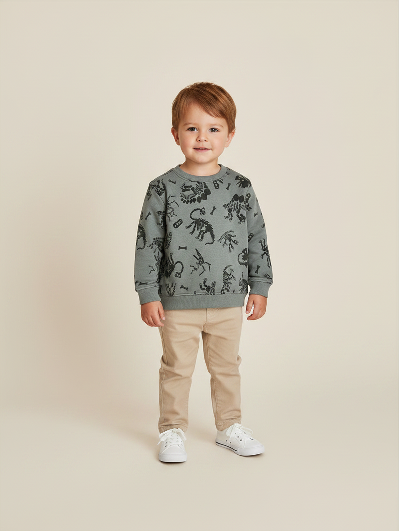 Polerón amarillo de niño Vamos Niños marca Lefties con estampado de letras y dinosaurio en el frente