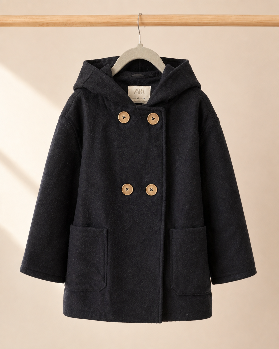 Abrigo Zara azul marino cruzado con capucha infantil | Talla 8-9 (130 cm)