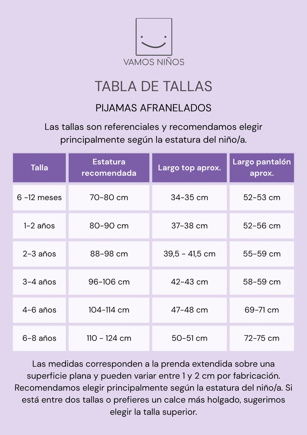 Tabla de tallas para pijamas afranelados de Vamos Niños con medidas de estatura y largo de prendas para niños