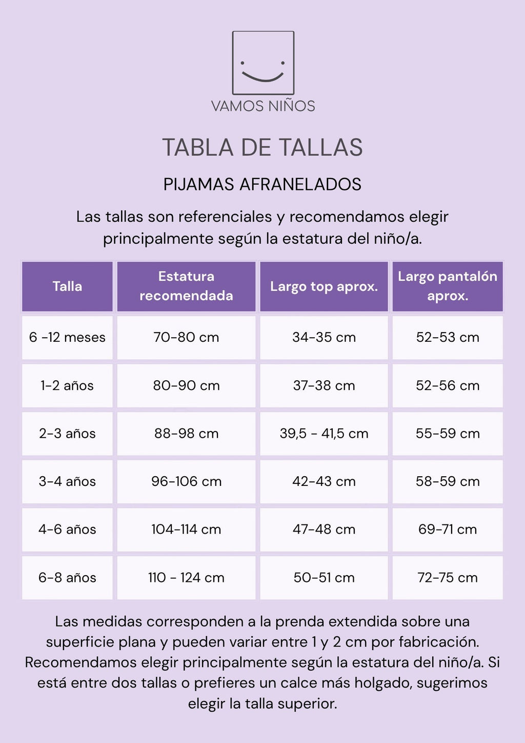 Tabla de tallas para pijamas afranelados de Vamos Niños con medidas de estatura y largo de prendas para niños