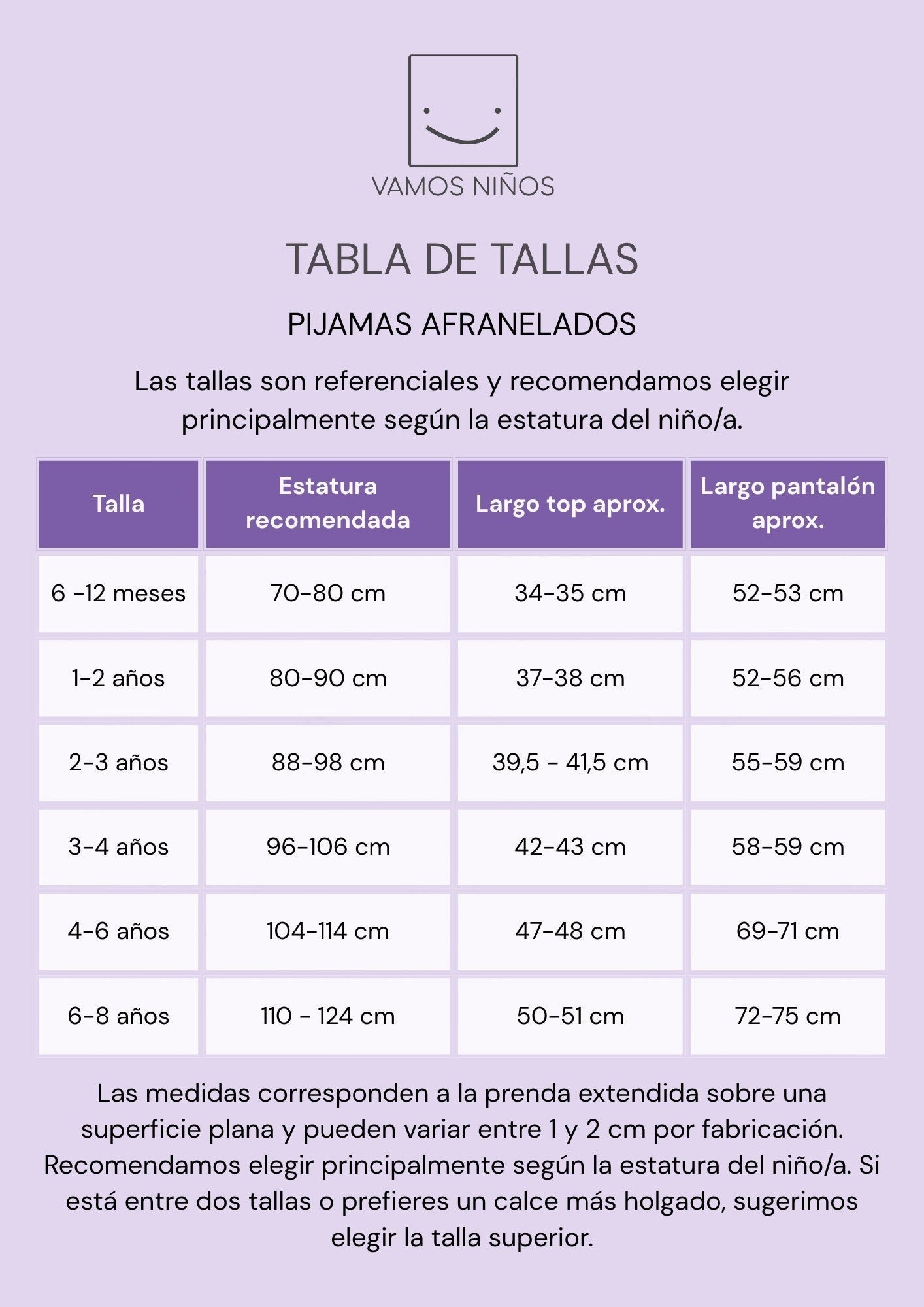 Tabla de tallas para pijamas afranelados de Vamos Niños con medidas de estatura y largo de prendas para niños