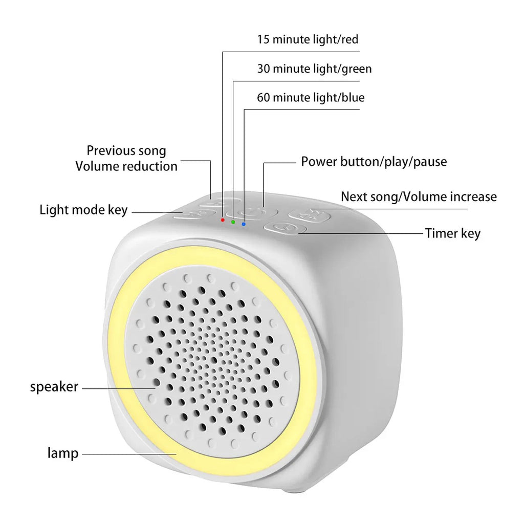 Altavoz blanco portátil Vamos Niños con luz ambiental personalizable, ideal para bebés y meditación.