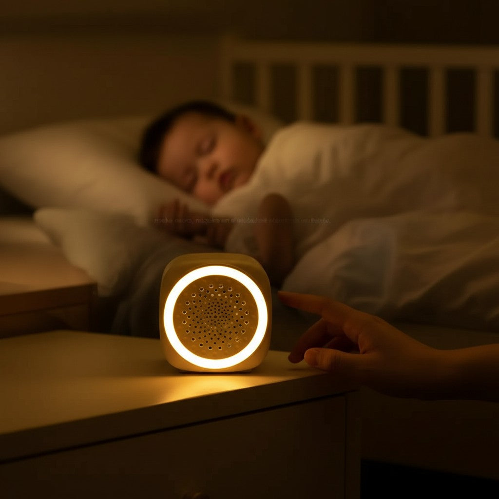 Vamos Niños altavoz de sonido blanco portátil con luz ambiental personalizable en varios colores, ideal para bebés y relajación.