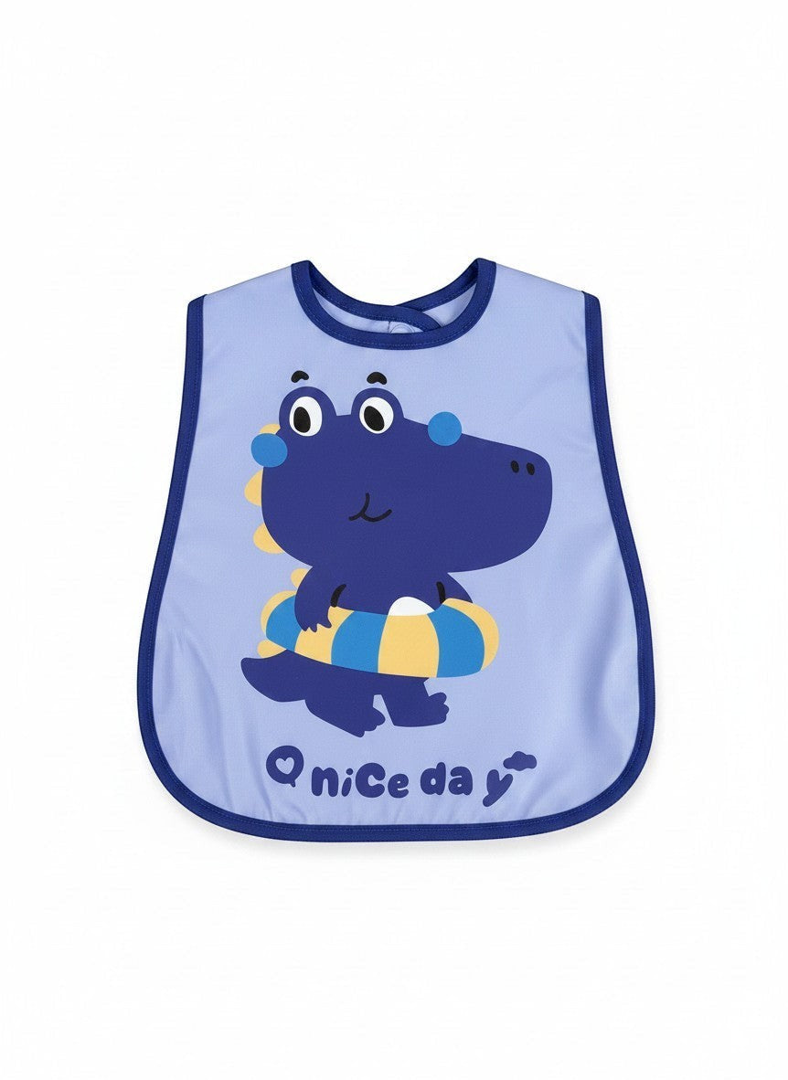 Babero impermeable Vamos Niños azul claro con estampado de dinosaurio y texto Nice day, fácil de limpiar.