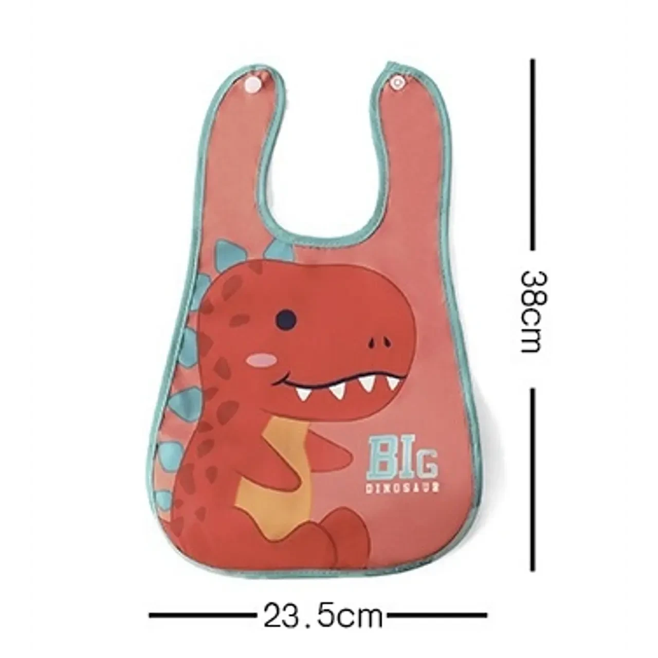Babero impermeable Vamos Niños color coral con estampado de dinosaurio, ligero y práctico para bebés.