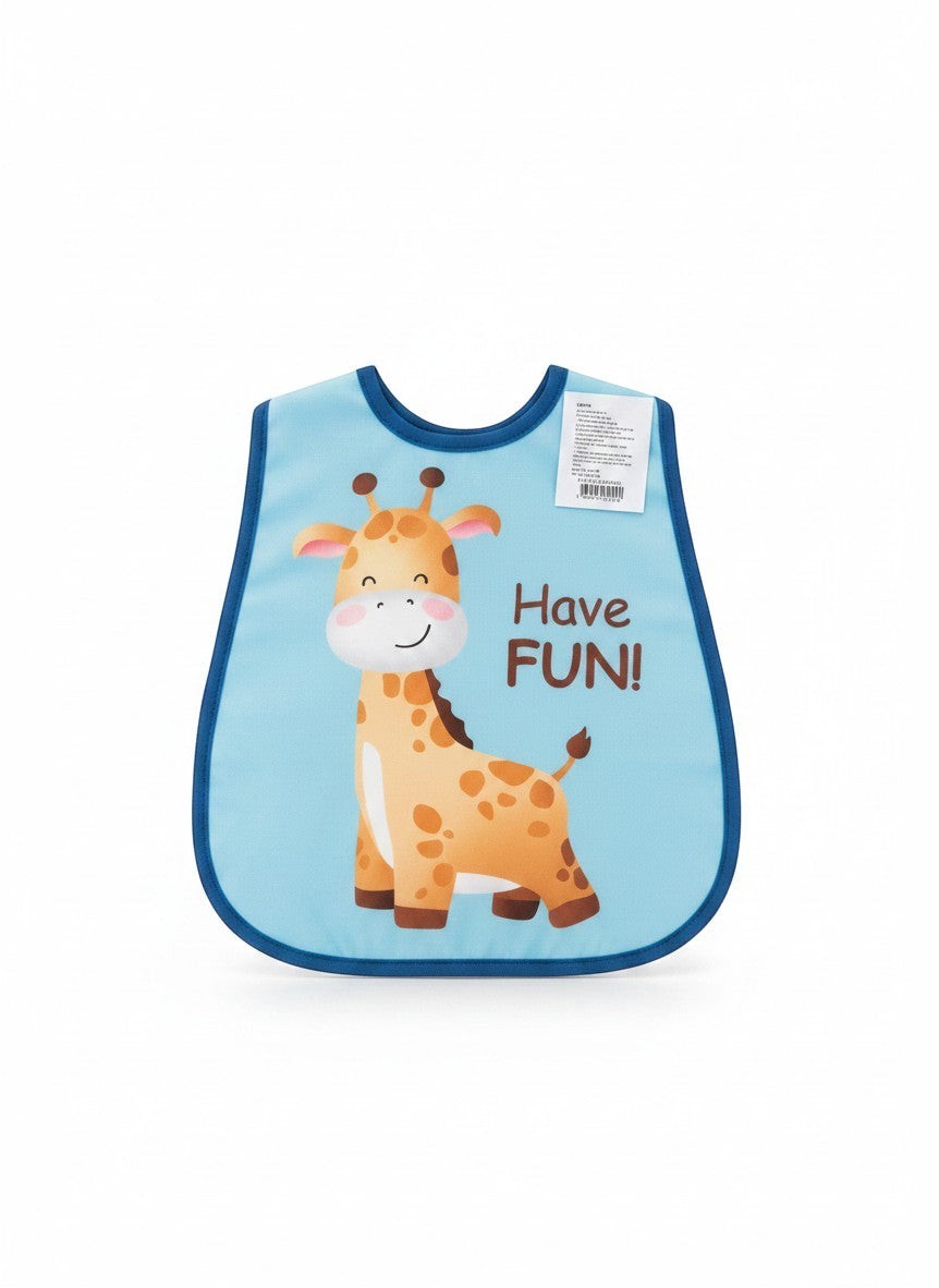 Babero impermeable Vamos Niños azul con estampado de jirafa y texto Have FUN, ideal para la alimentación del bebé.