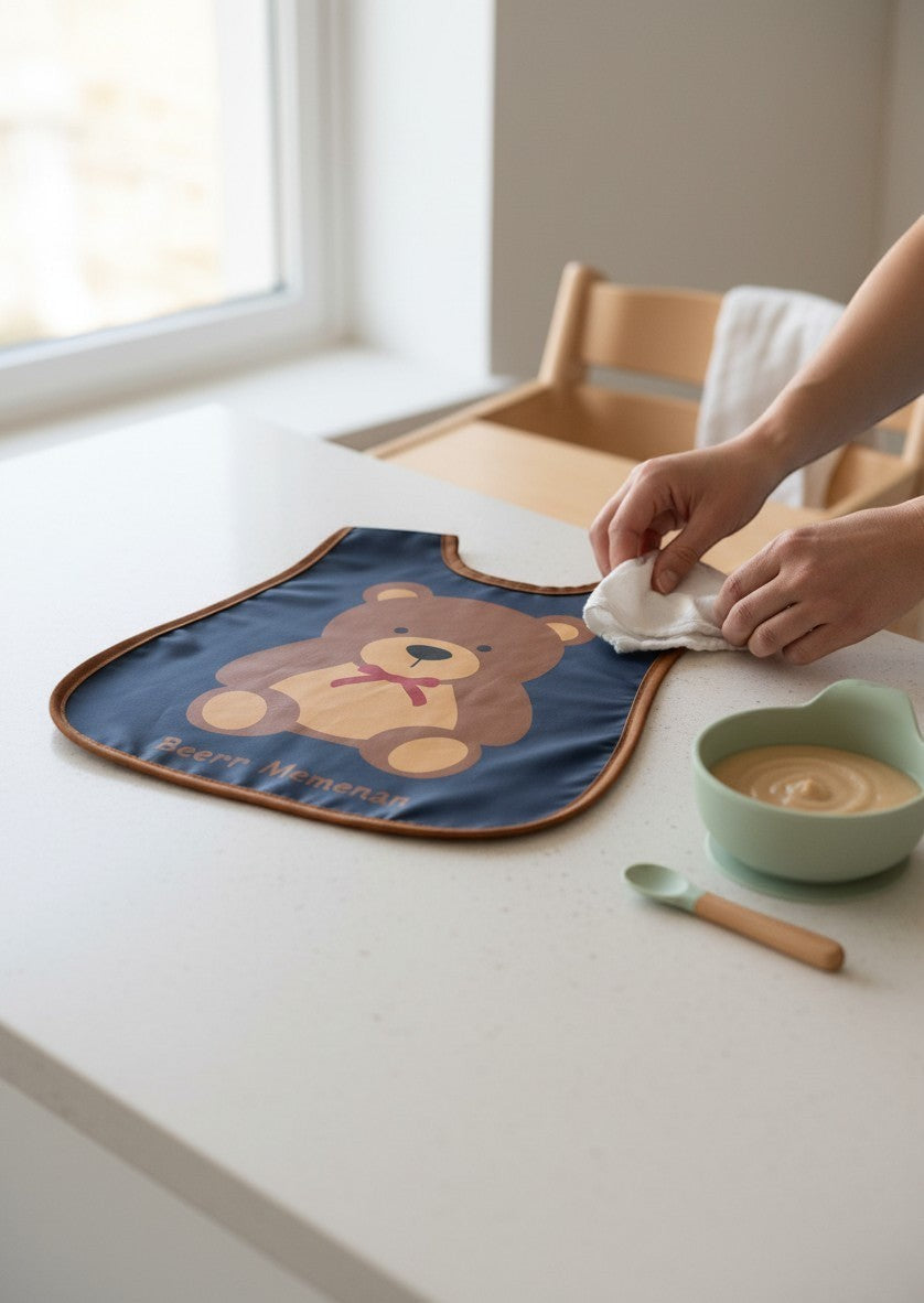 Babero impermeable Vamos Niños azul marino con estampado de osito, ligero y fácil de limpiar para la hora de comer.