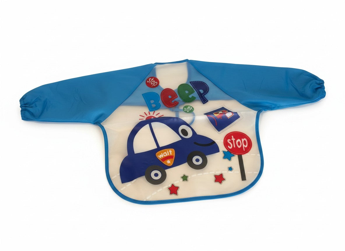 Babero impermeable con mangas Vamos Niños, diseño de auto azul y señal de stop, ideal para comidas y manualidades.