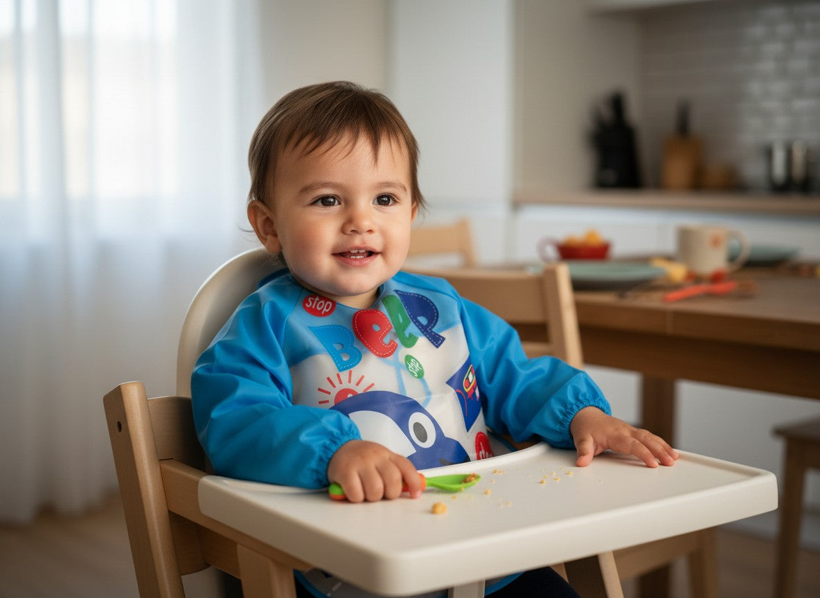 Bebé con babero impermeable con mangas Vamos Niños azul, estampado divertido, ideal para comidas y manualidades.
