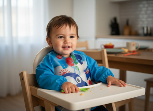 Bebé con babero impermeable con mangas Vamos Niños azul, estampado divertido, ideal para comidas y manualidades.