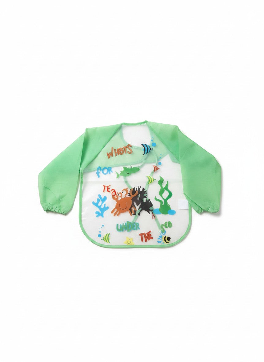 Babero impermeable con mangas Vamos Niños, color verde con estampado de animales marinos y cierre ajustable.
