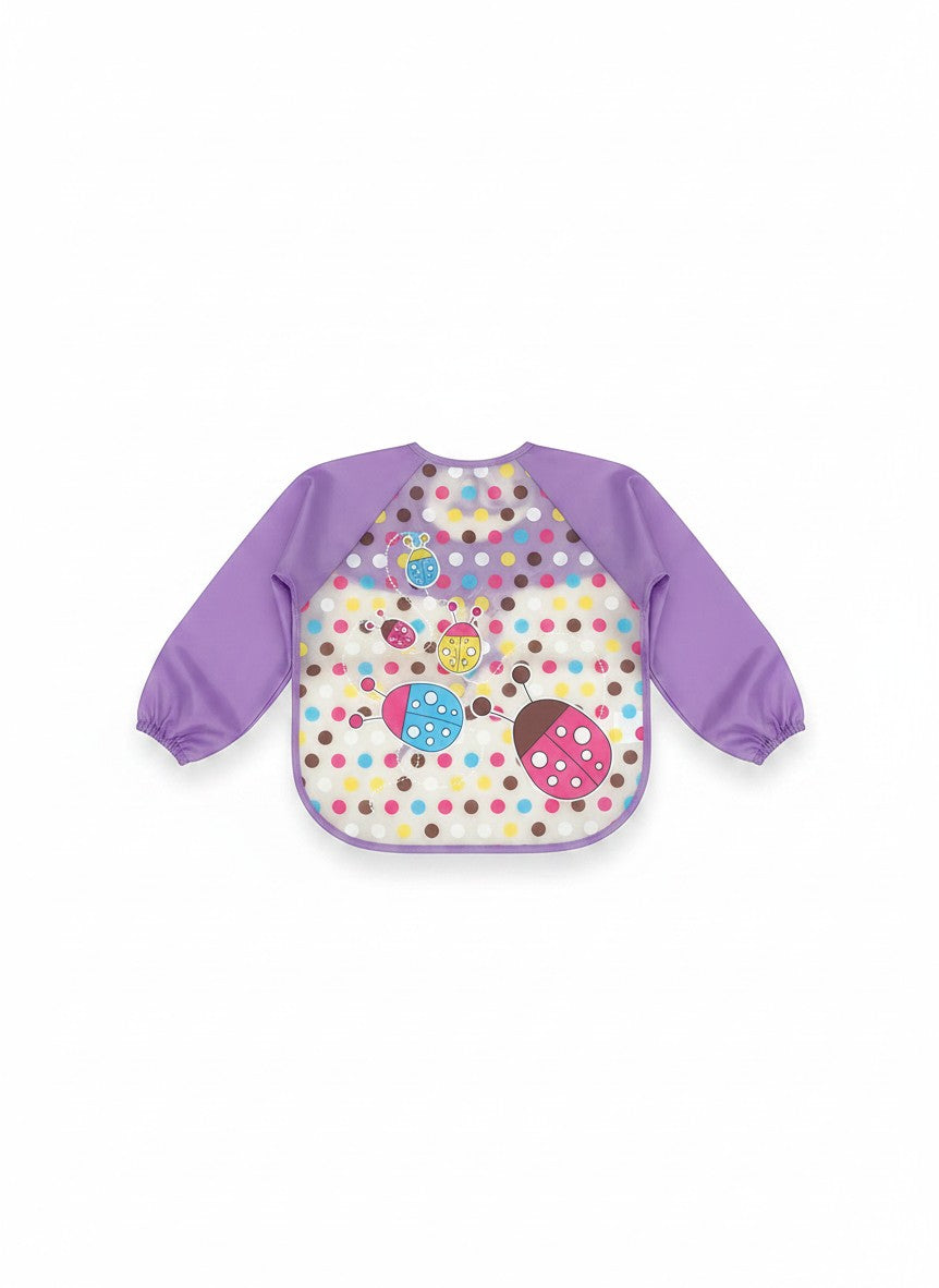 Babero impermeable con mangas Vamos Niños, estampado de lunares y chinitas, color morado, ideal para comidas.