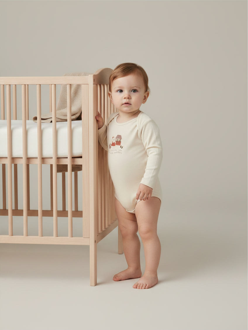 Bebé de pie junto a una cuna de madera vistiendo un body beige de Vamos Niños con estampado de osita
