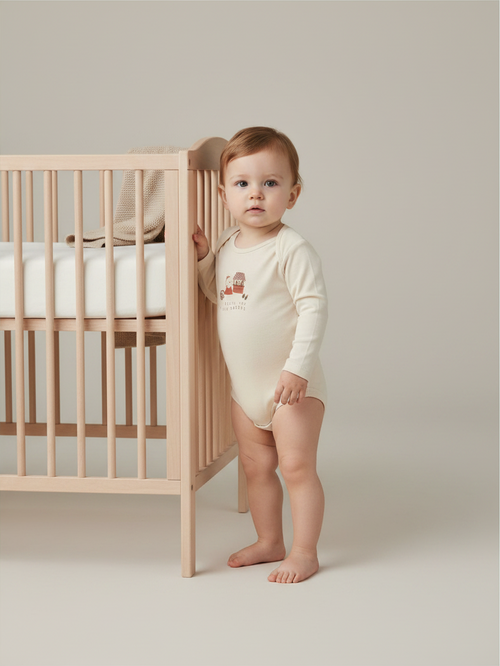 Bebé de pie junto a una cuna de madera vistiendo un body beige de Vamos Niños con estampado de osita