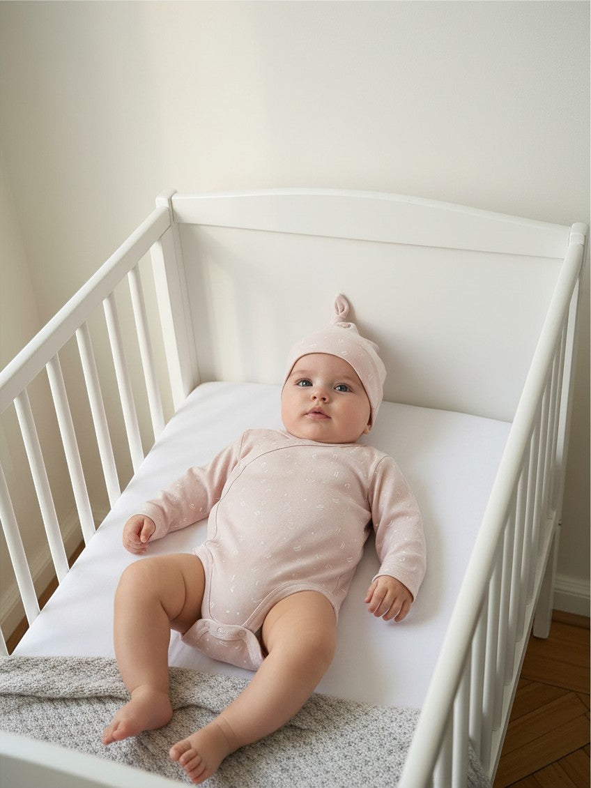 Bebé con body y gorrito rosado claro de Vamos Niños acostado en una cuna blanca
