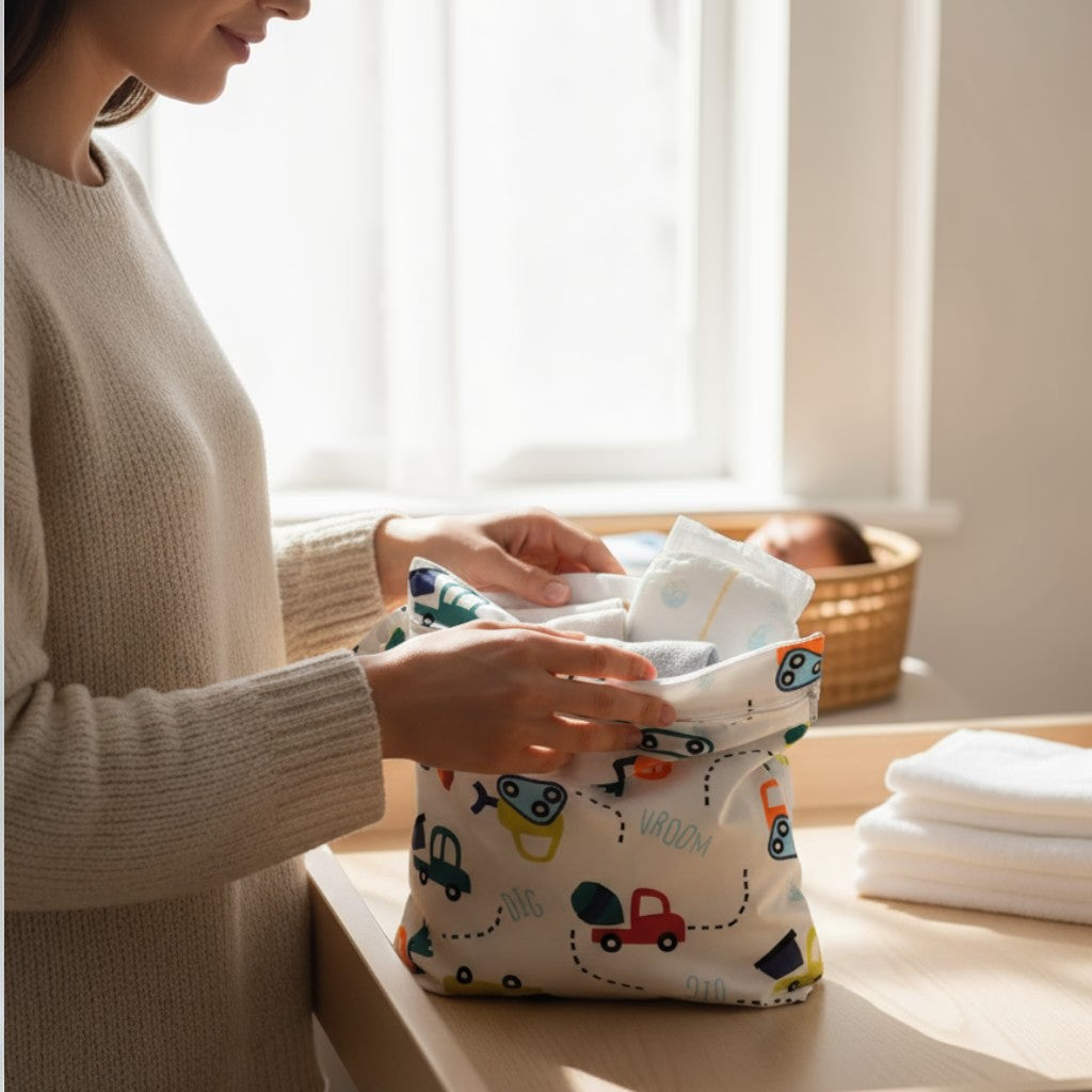 Madre organizando pañales en bolsa impermeable Vamos Niños con estampado de vehículos en habitación de bebé