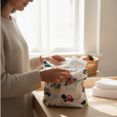 Madre organizando pañales en bolsa impermeable Vamos Niños con estampado de vehículos en habitación de bebé