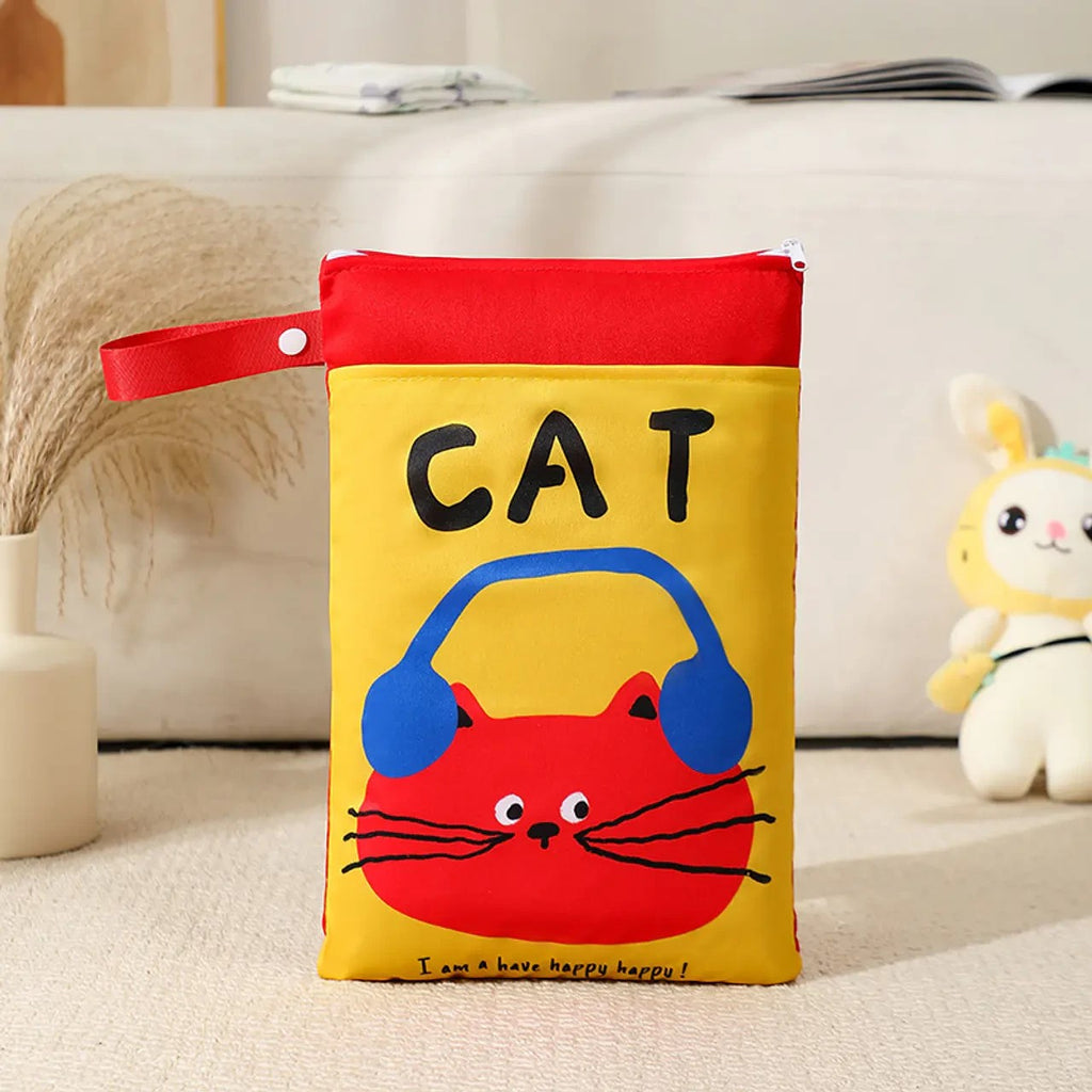 Bolsa impermeable Vamos Niños amarilla con estampado de gato rojo y auriculares, ideal para organizar accesorios infantiles