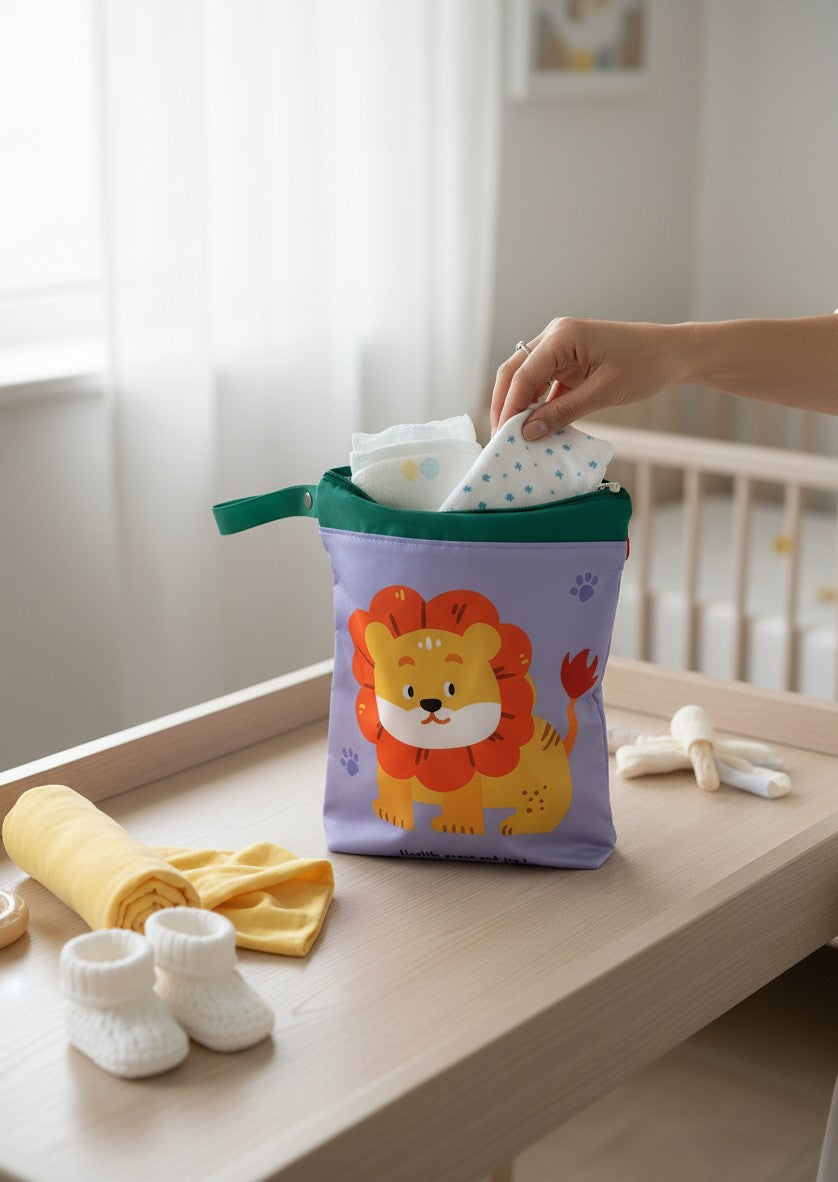Bolsa impermeable Vamos Niños con estampado de león, color lila y verde, ideal para organizar pañales y ropa.