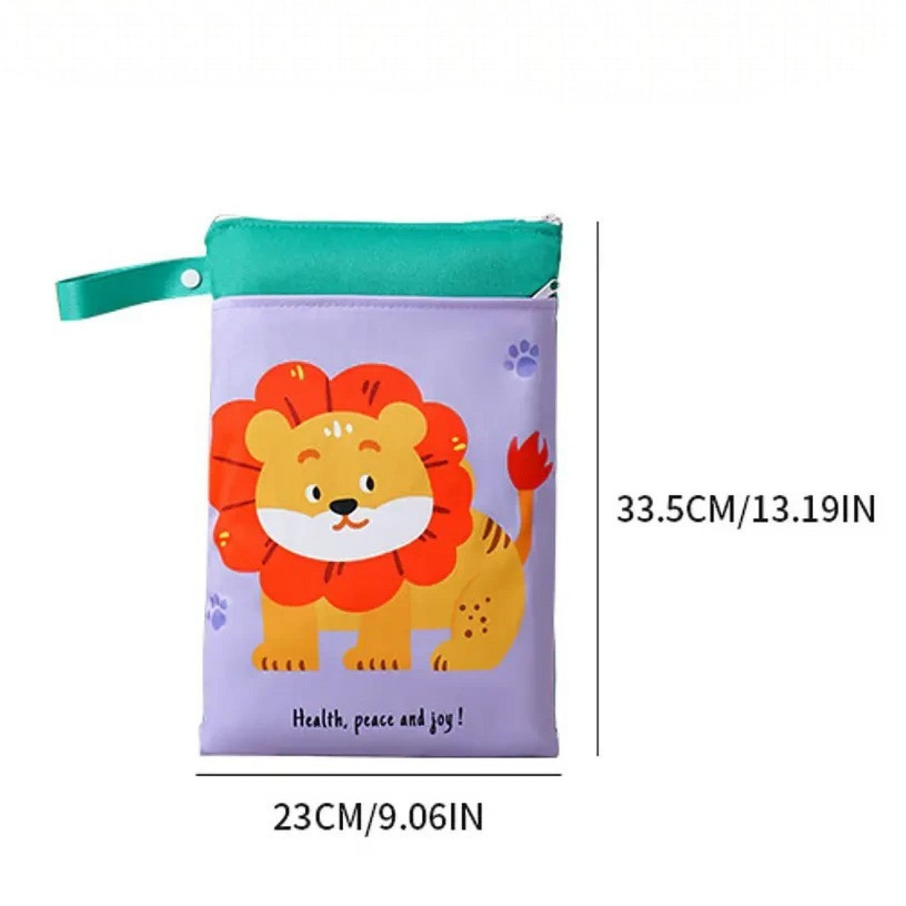 Bolsa impermeable Vamos Niños color lila con estampado de león, cremallera y asa para cochecito de bebé.