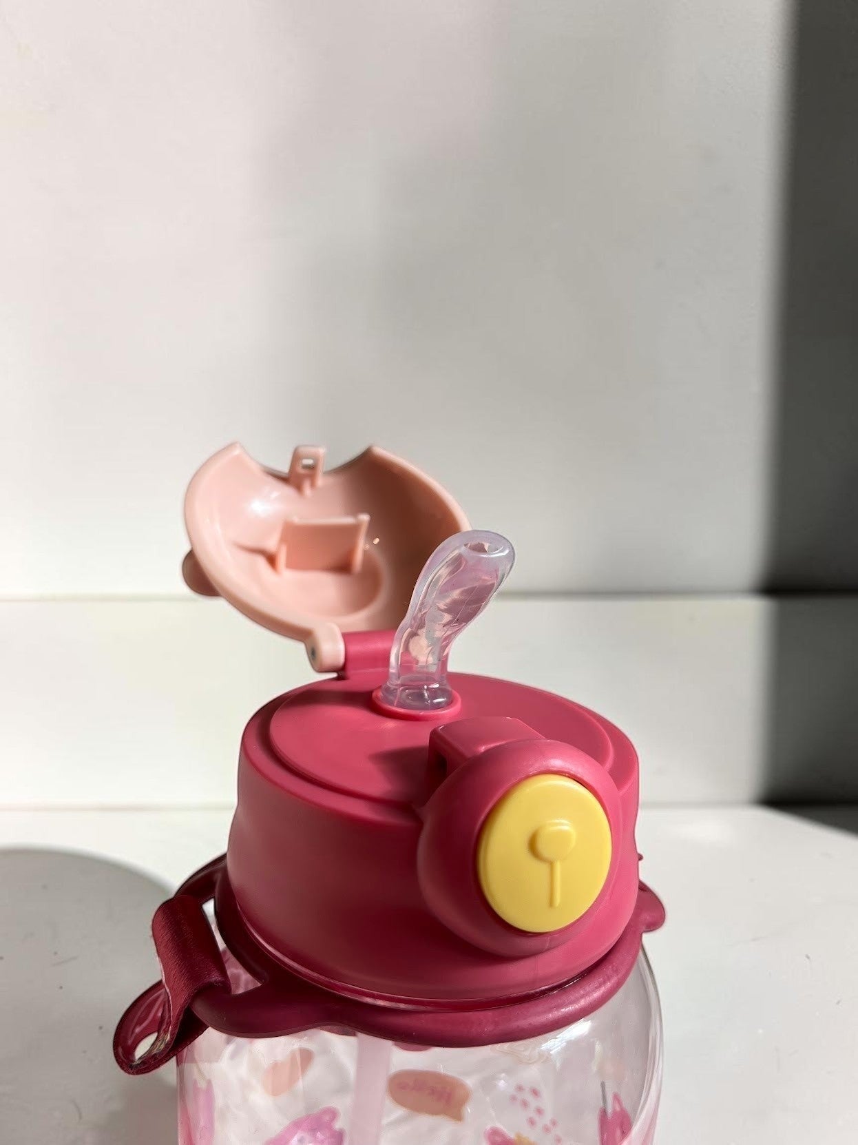 Botella de agua infantil Vamos Niños con diseño de dinosaurios, pajita integrada y tapa rosa con botón amarillo.