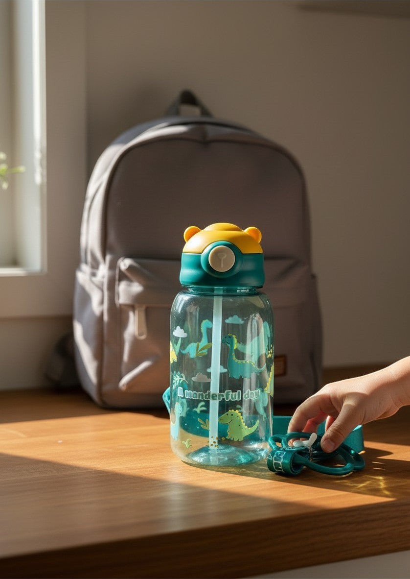 Botella de agua Vamos Niños azul con diseño de dinosaurios, pajita y correa ajustable para el colegio.