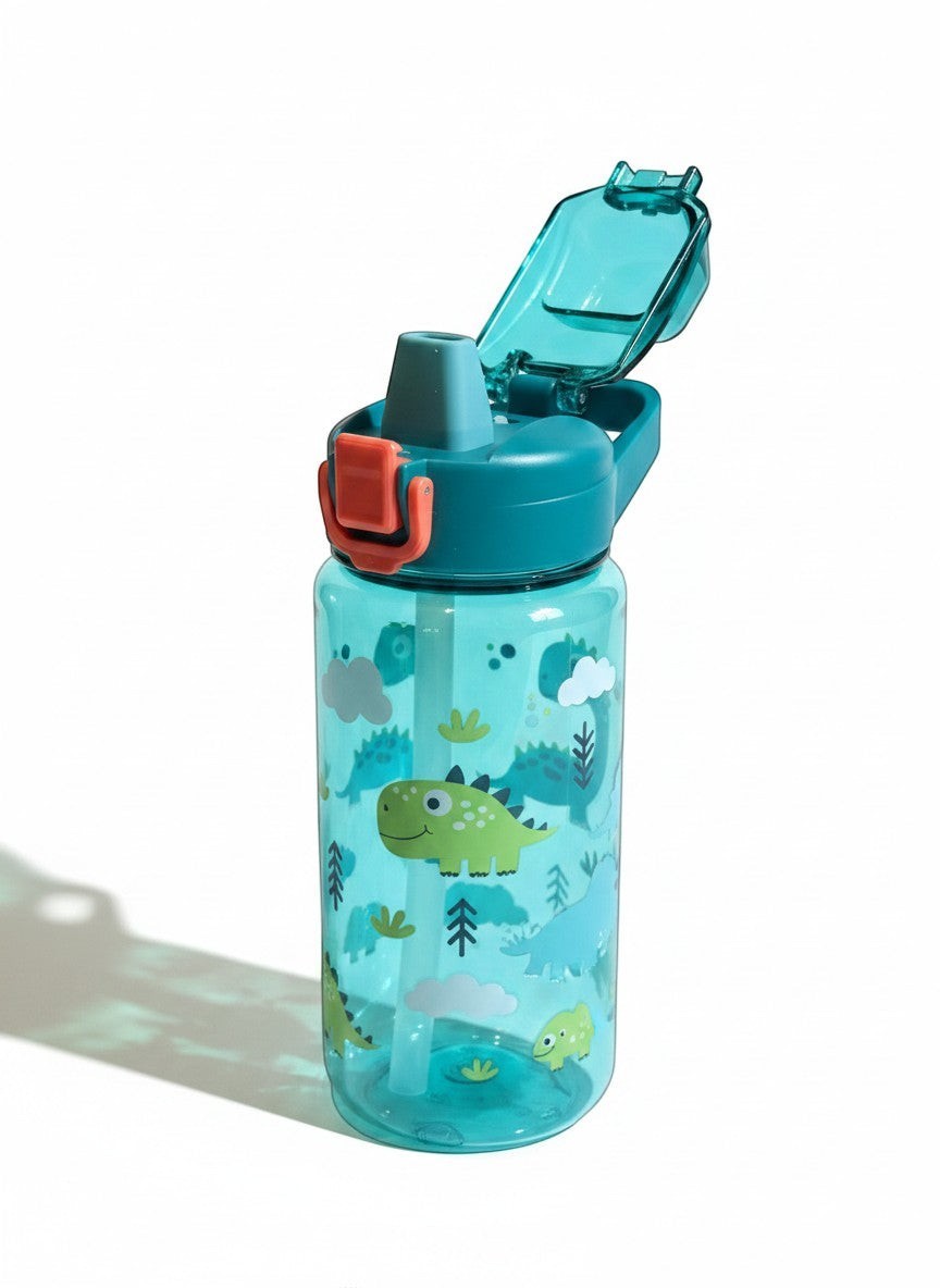 Botella de agua Vamos Niños de 600 ml con estampado de dinosaurios, boquilla de silicona y tapa abatible azul