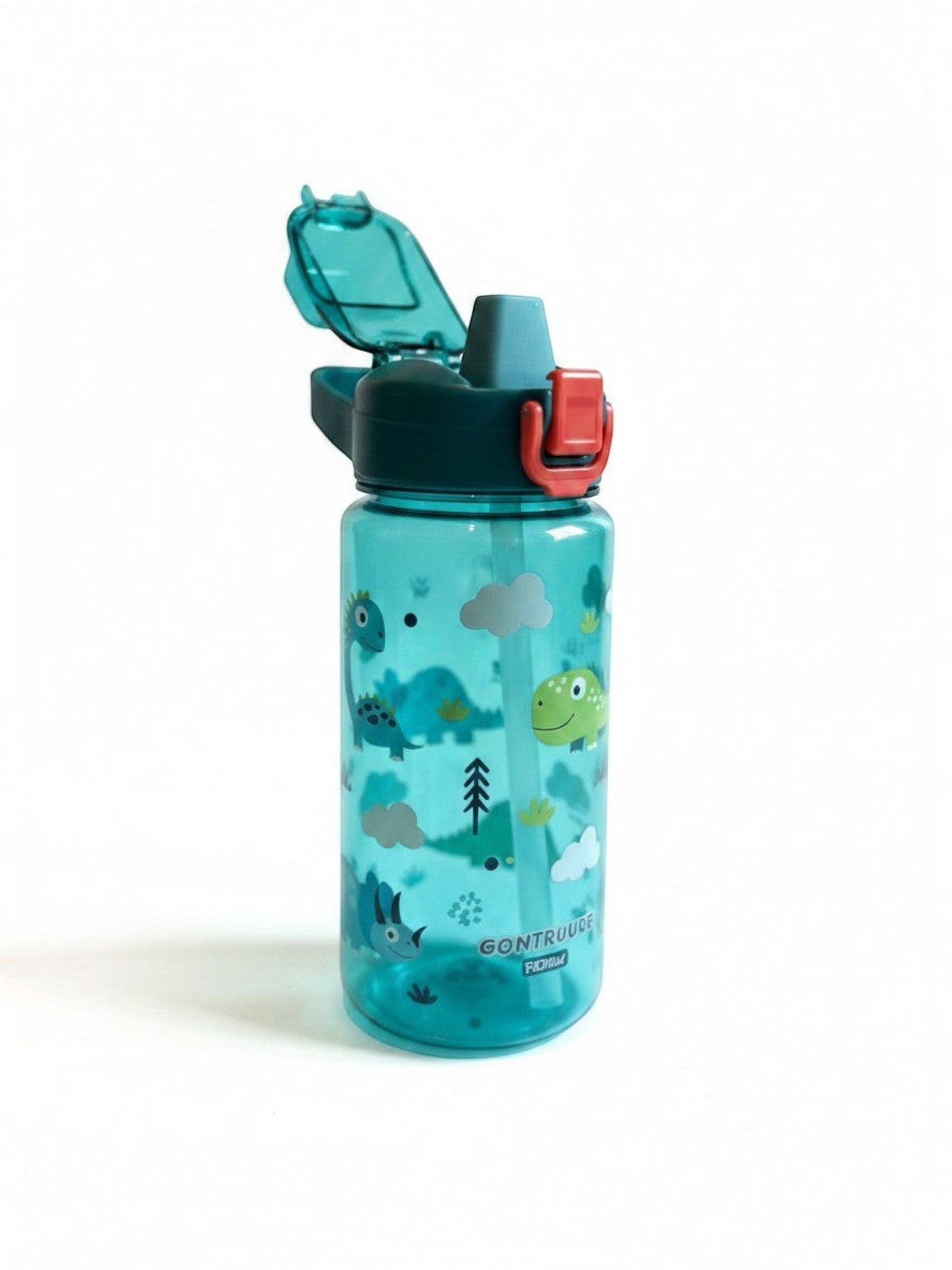 Botella de agua infantil Vamos Niños de 600 ml, color azul con estampado de dinosaurios y boquilla de silicona.