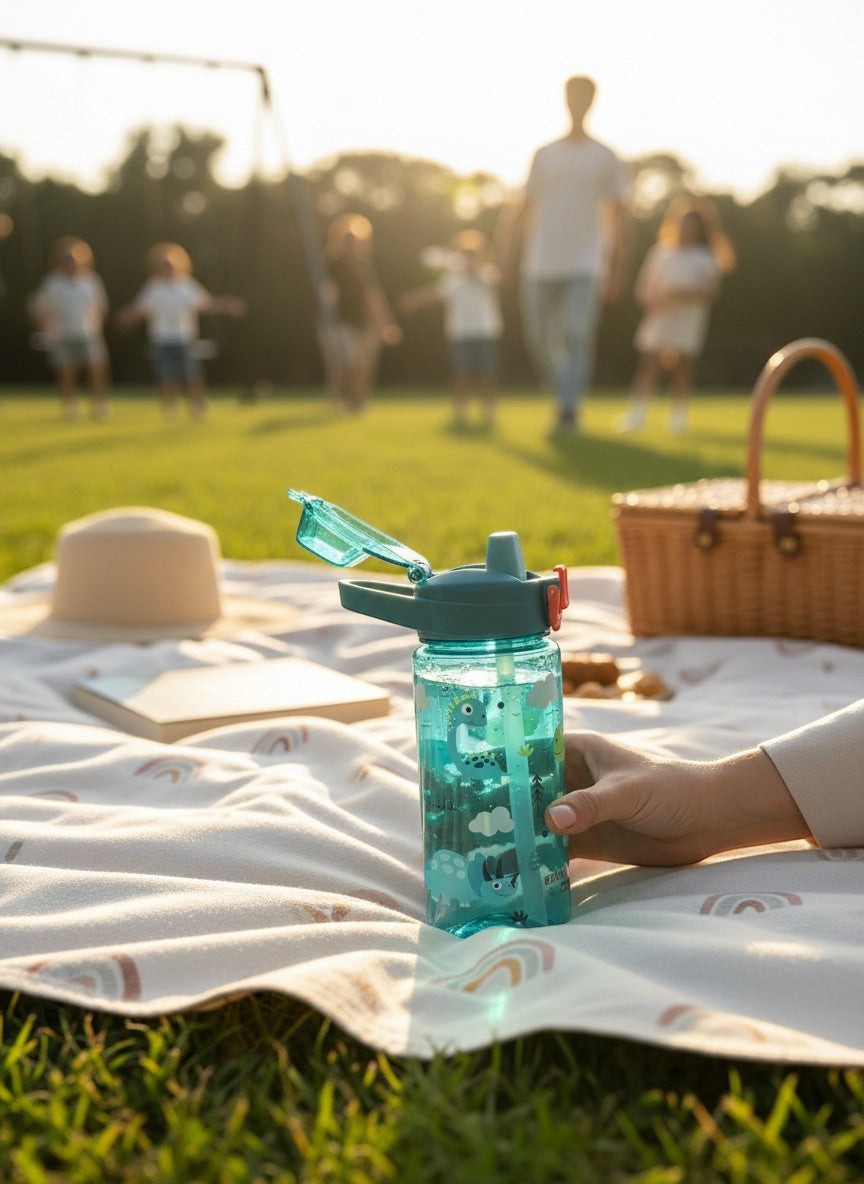 Botella de agua infantil Vamos Niños de 600 ml con estampado de dinosaurios, boquilla de silicona y apertura con botón.