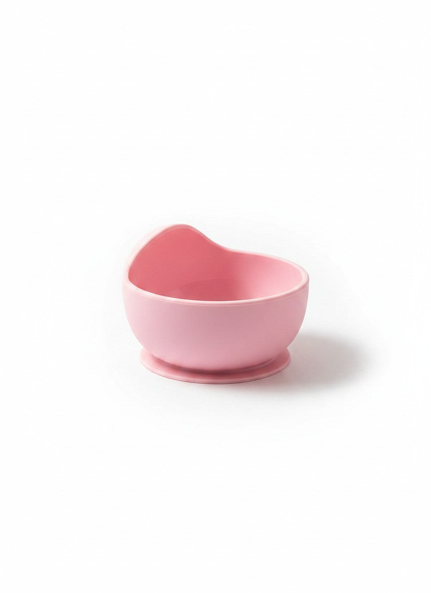 Bowl de silicona rosado con base de succión para bebés de Vamos Niños, ideal para alimentación complementaria y BLW.