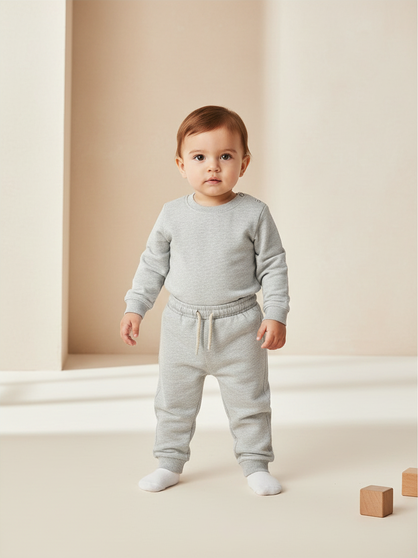 Bebé vistiendo conjunto de buzo gris claro de la marca Vamos Niños con sudadera y pantalón de algodón cómodo