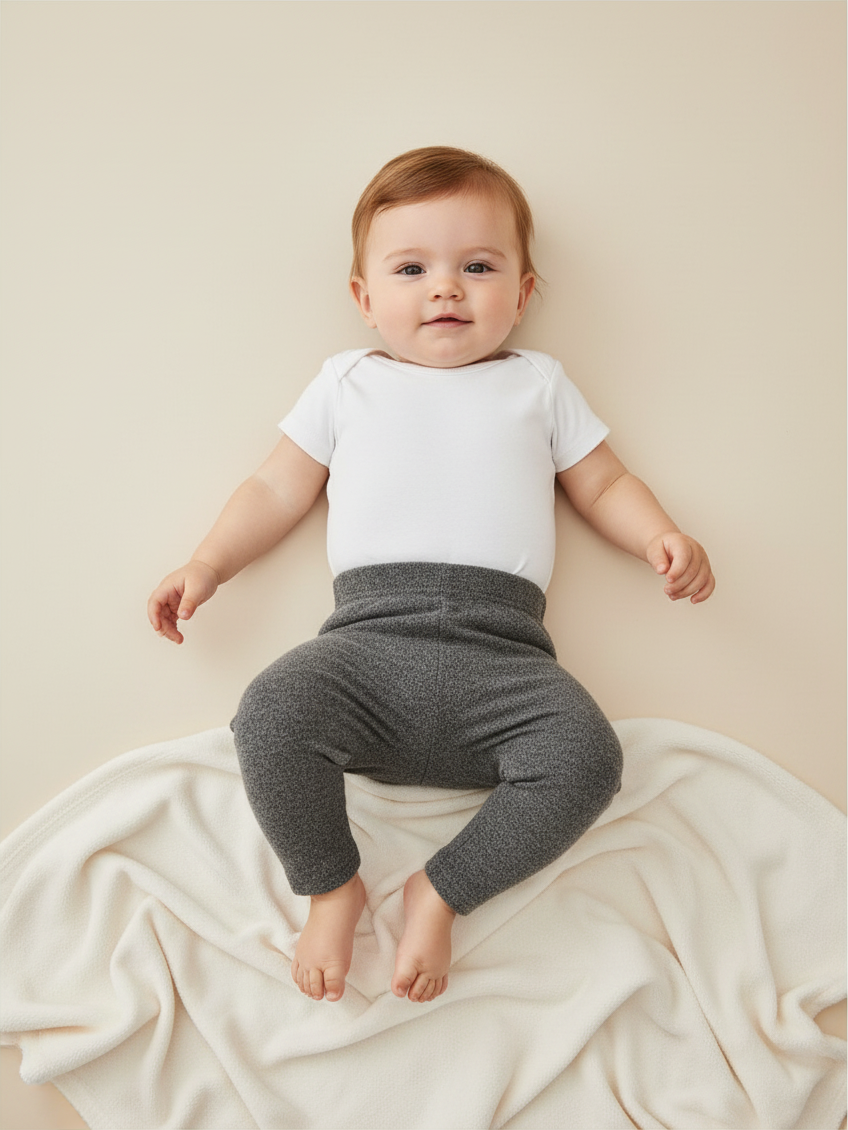 Bebé con calza de lanilla gris de Vamos Niños sobre manta suave, estilo cómodo y casual para niña
