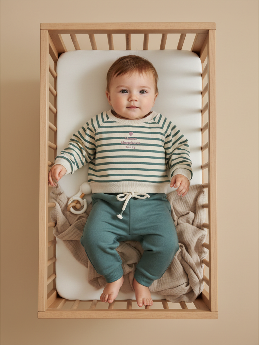 Bebé en cuna vistiendo conjunto Vamos Niños Lefties: polerón a rayas beige y verde con pantalón verde petróleo