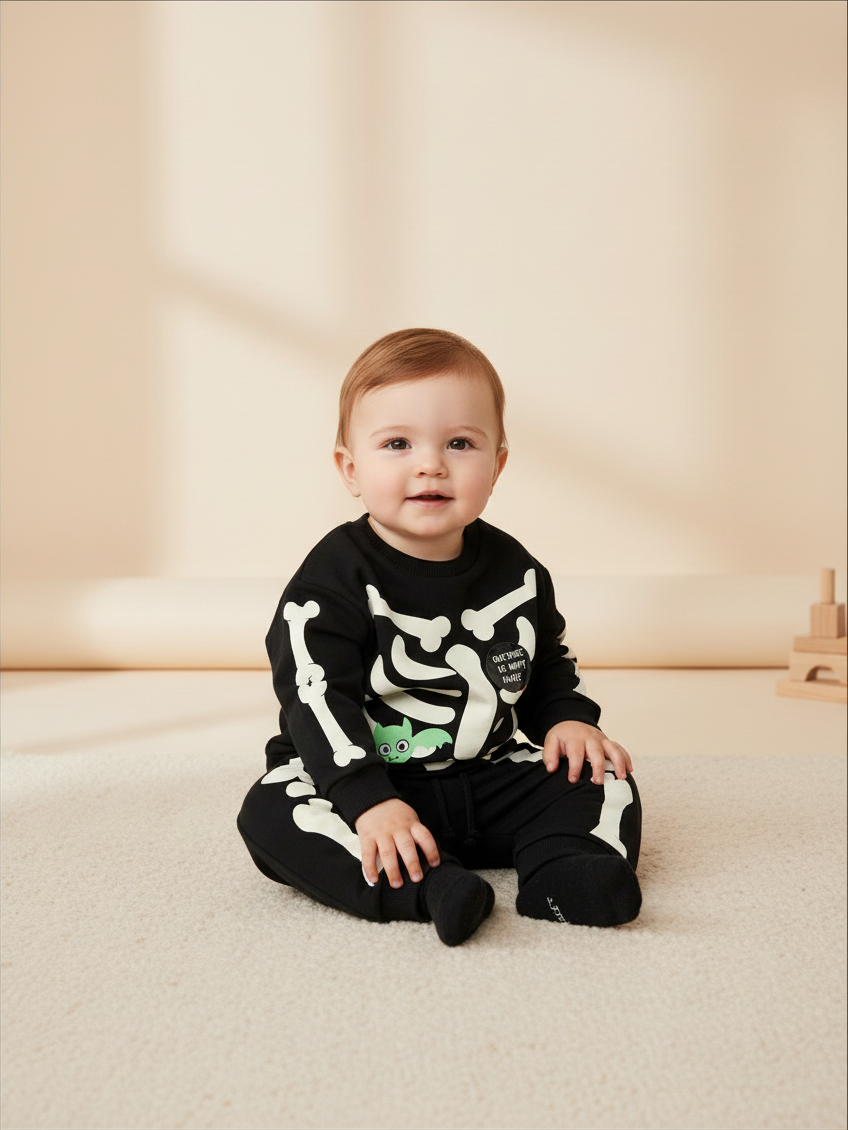 Bebé sentado vistiendo conjunto de Halloween Vamos Niños Lefties negro con estampado de esqueleto que brilla en la oscuridad
