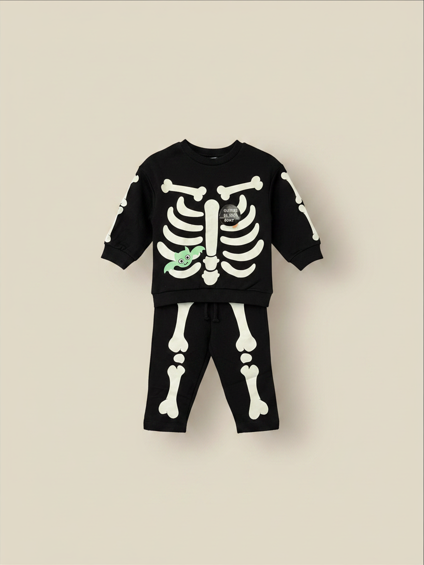 Conjunto de Halloween Vamos Niños Lefties negro con estampado de esqueleto que brilla en la oscuridad para bebé