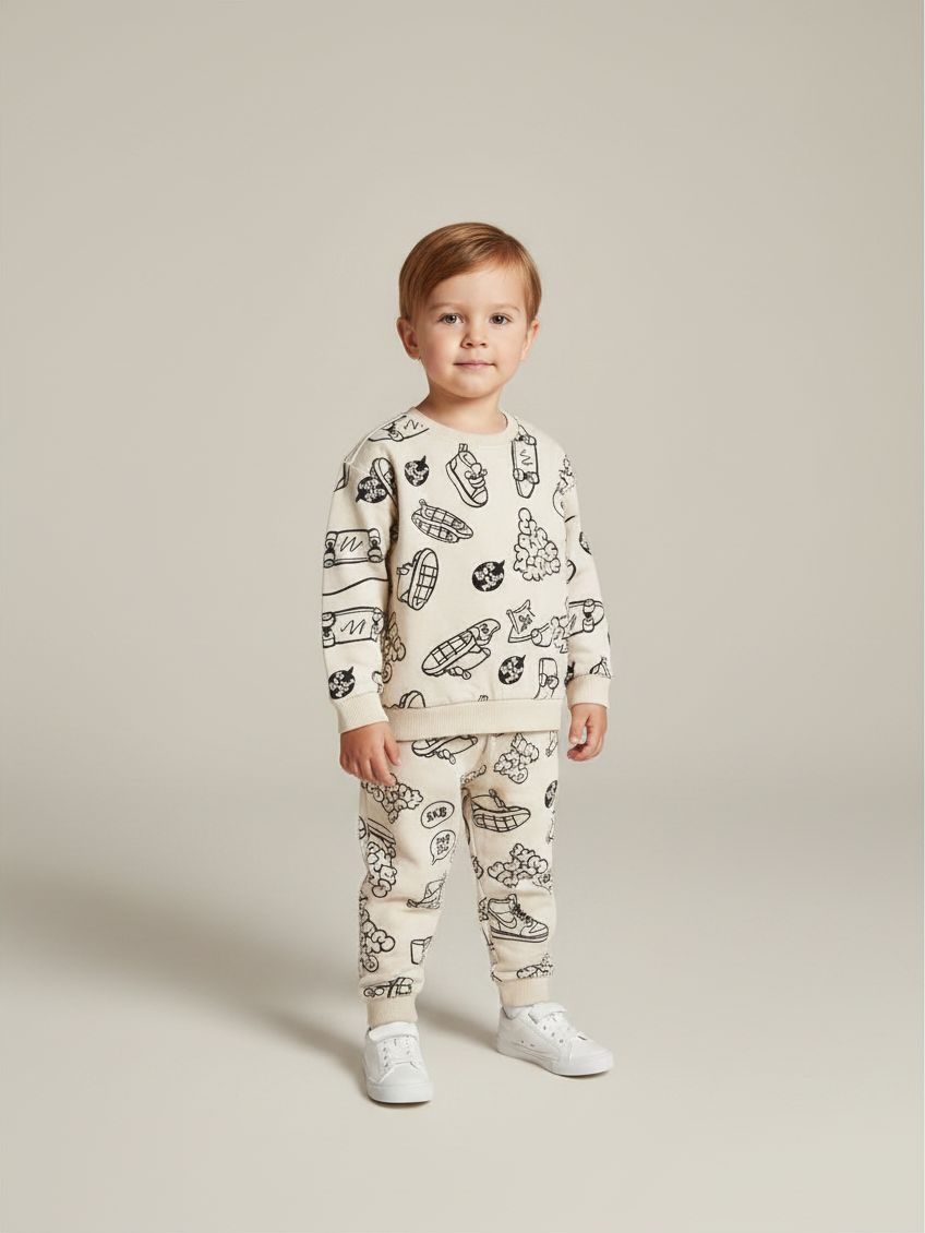 Niño vistiendo conjunto Vamos Niños Lefties beige con estampado de skate en sudadera y pantalón de algodón