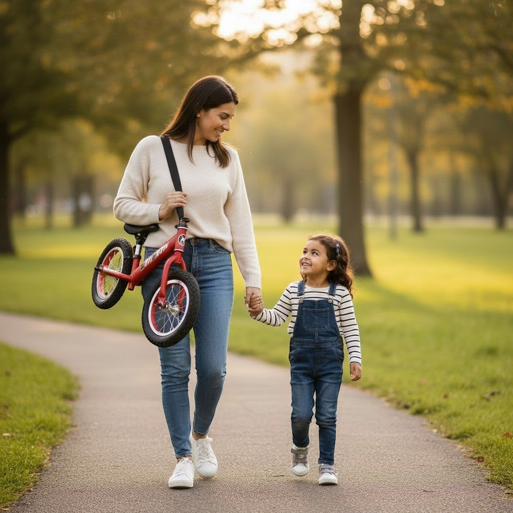 Madre usando correa de transporte Vamos Niños para cargar bicicleta infantil roja mientras camina con su hija