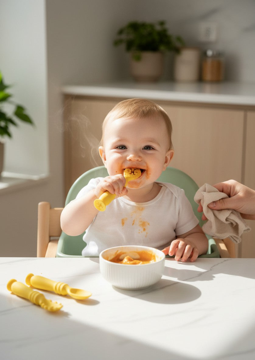 Bebé comiendo con cubiertos de silicona Vamos Niños en una trona, con piezas amarillas ergonómicas y seguras.
