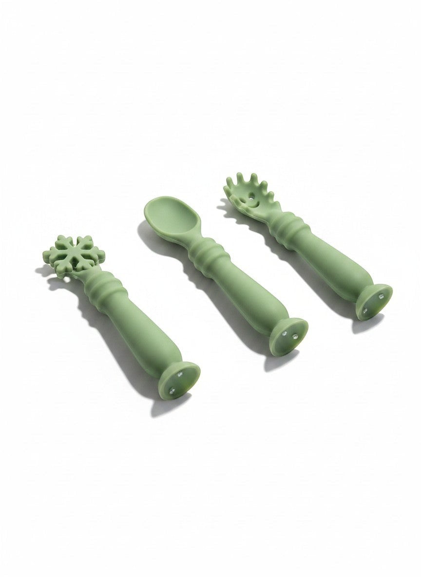 Vamos Niños juego de cubiertos de silicona verde para bebés, con cuchara, tenedor y cuchara con forma de copo de nieve.