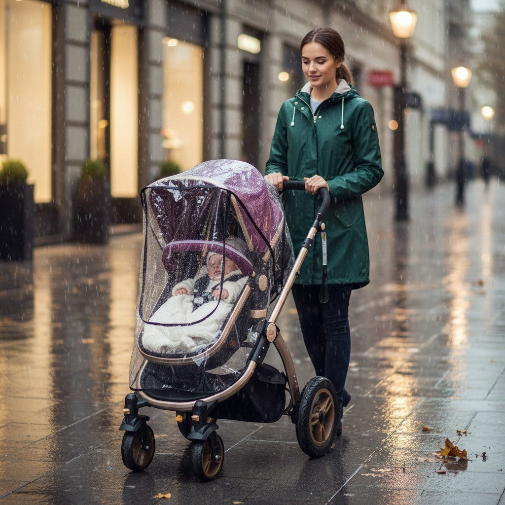 Madre paseando a su bebé en cochecito con funda impermeable transparente Vamos Niños bajo la lluvia en la ciudad
