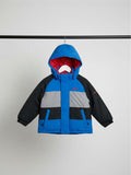 Parka de nieve Vamos Niños Gusti para niño en azul, gris y negro con capucha y forro interior rojo