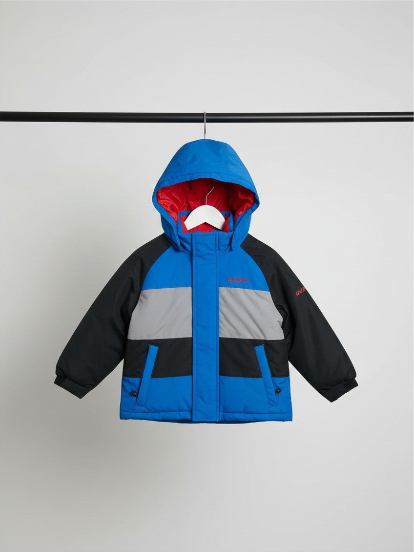 Parka de nieve Vamos Niños Gusti para niño en azul, gris y negro con capucha y forro interior rojo