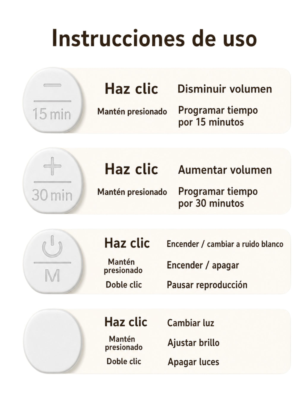 Guía de instrucciones Vamos Niños para luz nocturna con ruido blanco, mostrando controles táctiles y funciones.