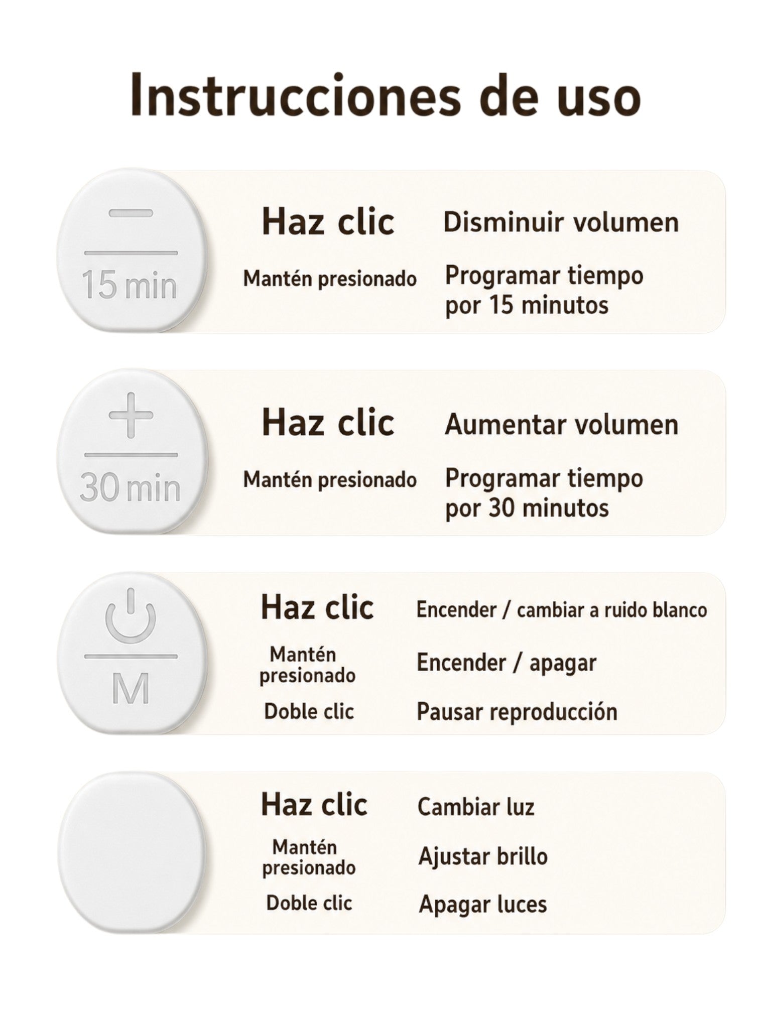Guía de instrucciones Vamos Niños para luz nocturna con ruido blanco, mostrando controles táctiles y funciones.