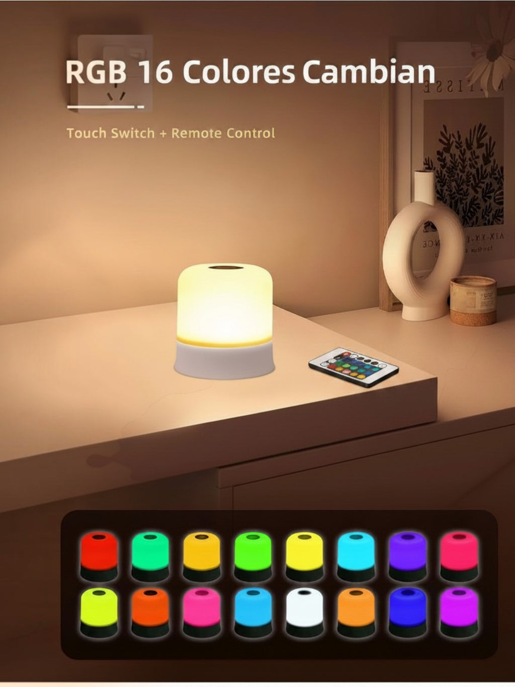 Lámpara de noche LED Vamos Niños con 16 colores RGB, control táctil y mando a distancia sobre una mesa de madera.