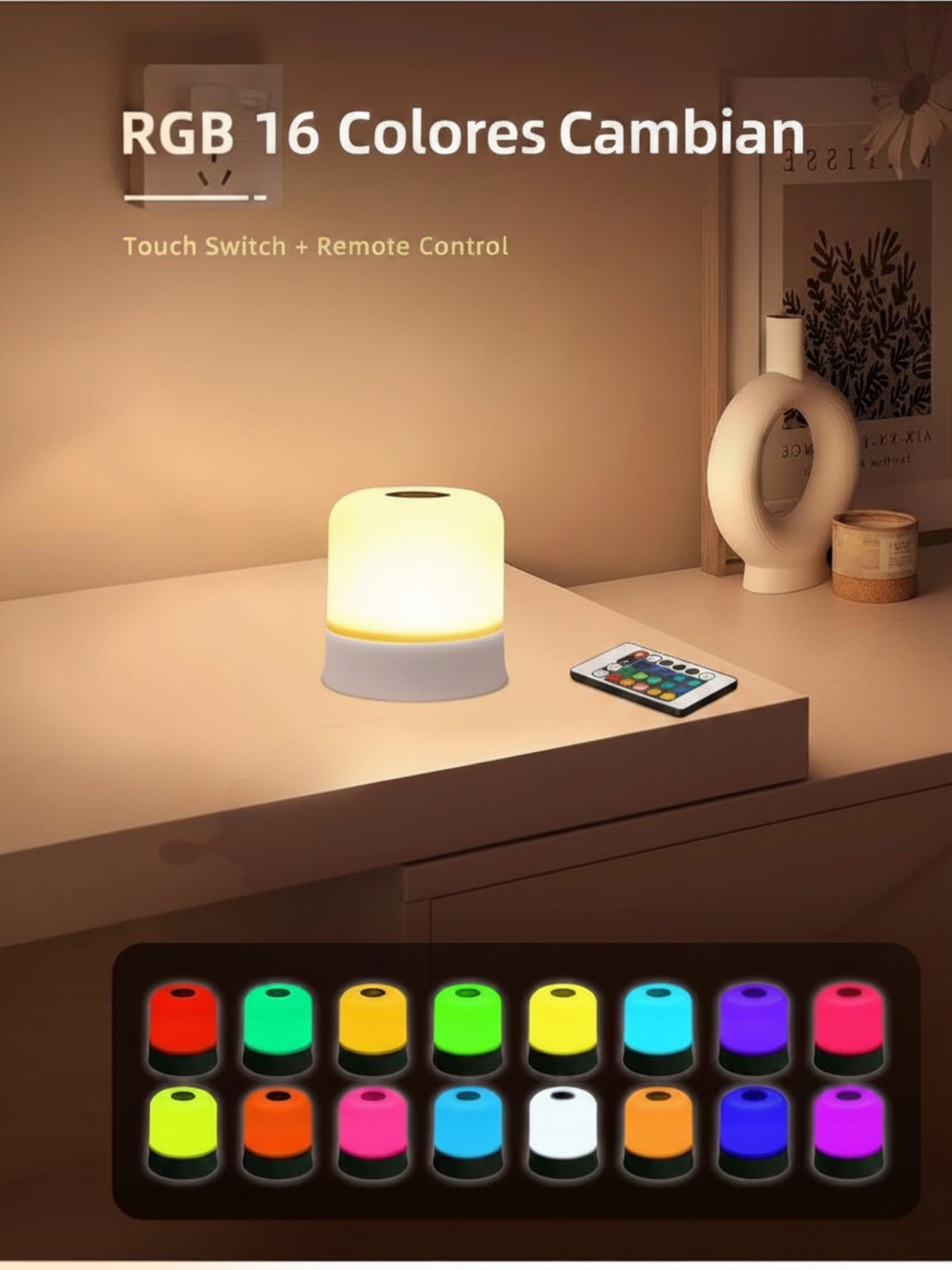 Lámpara de noche LED Vamos Niños con 16 colores RGB, control táctil y mando a distancia sobre una mesa de madera.