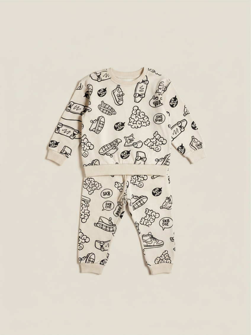 Conjunto de niño Vamos Niños Lefties beige con estampado de skate en polerón y pantalón de algodón