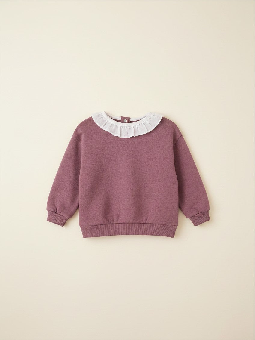 Polerón de niña Vamos Niños marca Lefties color morado con cuello blanco con volantes, talla 12 meses