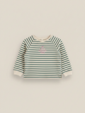 Polerón Vamos Niños Lefties para bebé niña, rayado en beige y verde con letras de glitter rosado en el pecho