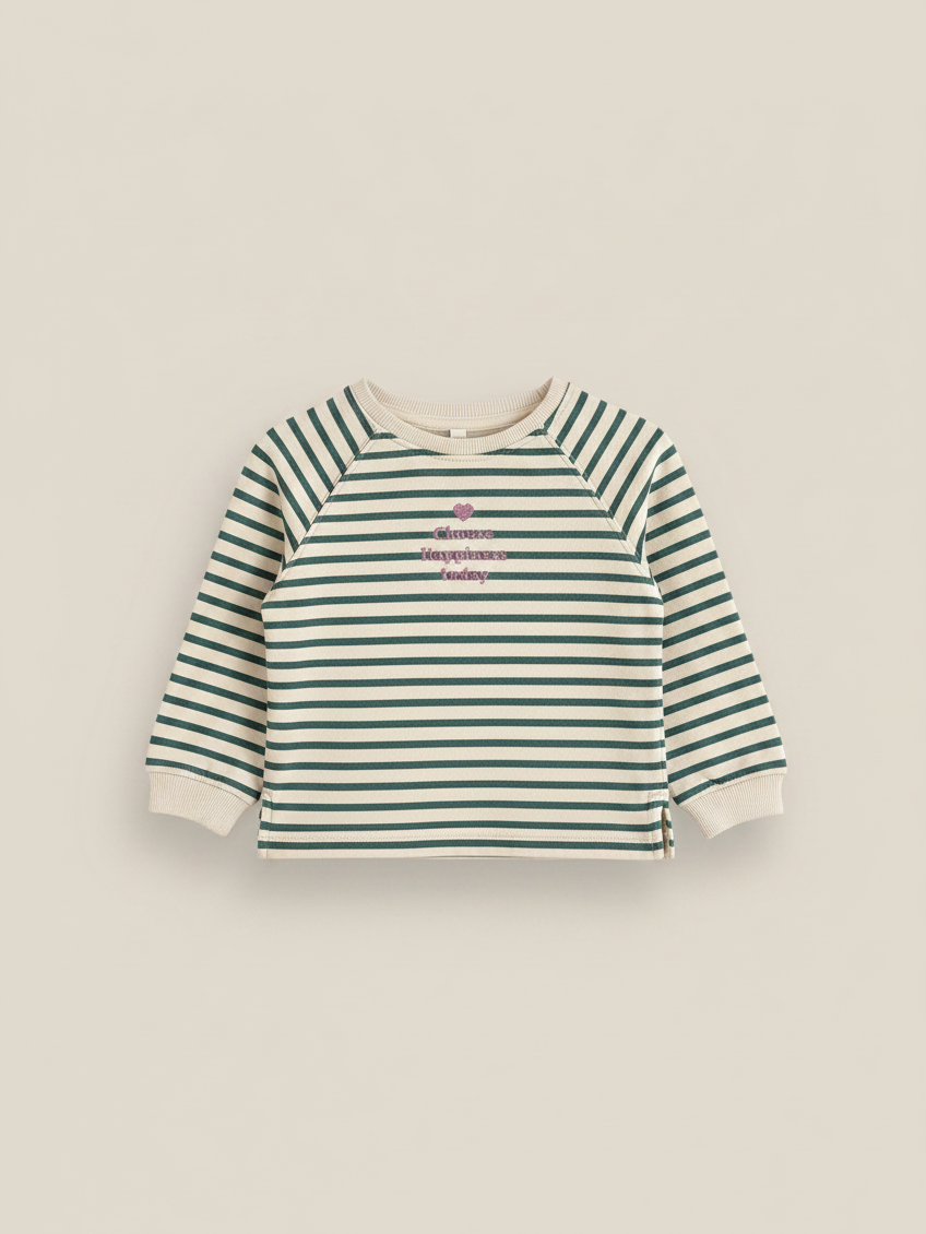 Polerón Vamos Niños Lefties para bebé niña, rayado en beige y verde con letras de glitter rosado en el pecho